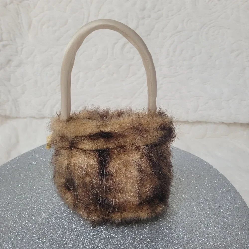Brown Faux Fur Purse Drawstring Top Small Bag Satin Lined Rigid Handle Holiday